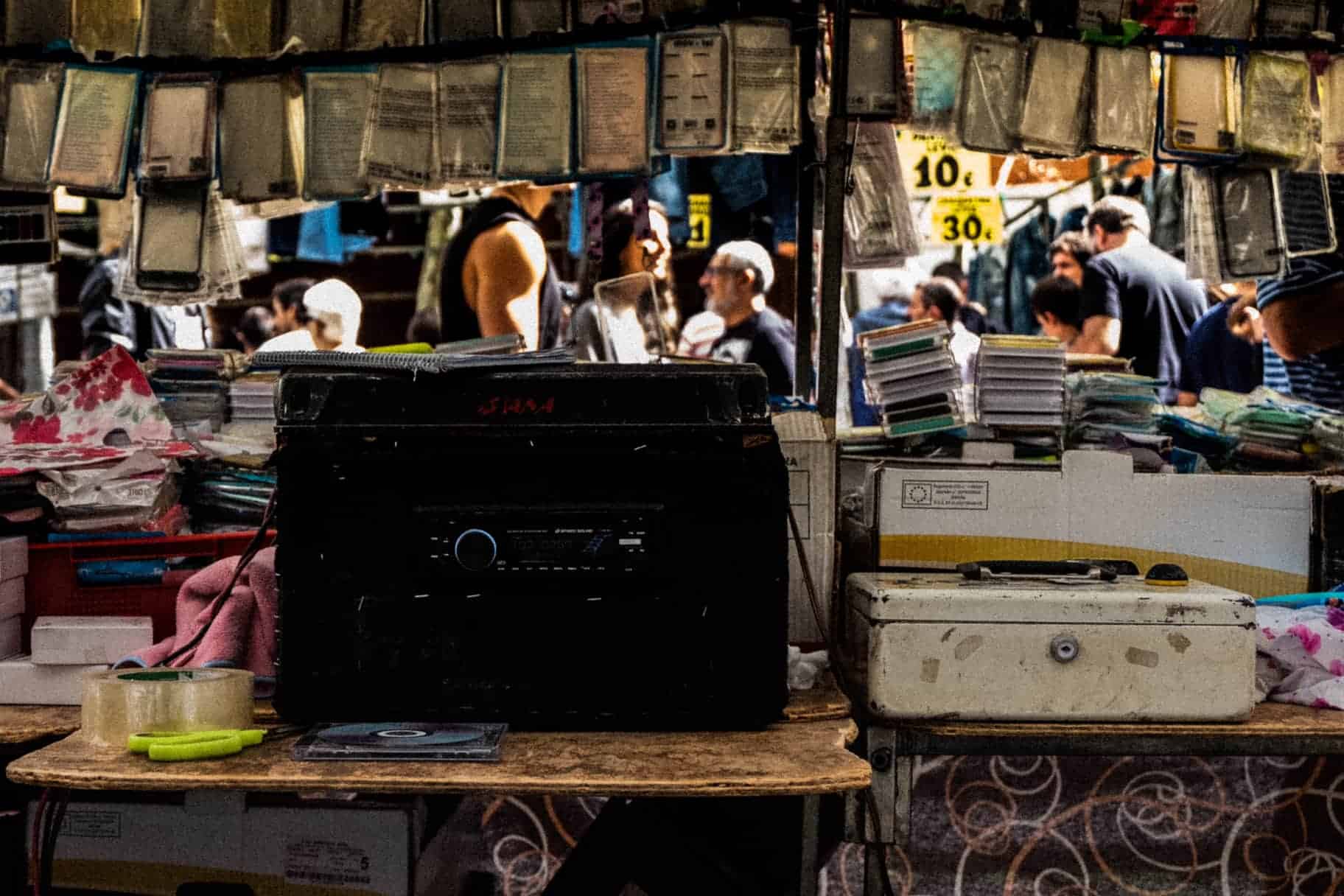 Behind a storefront at El Rastro market in Madrid