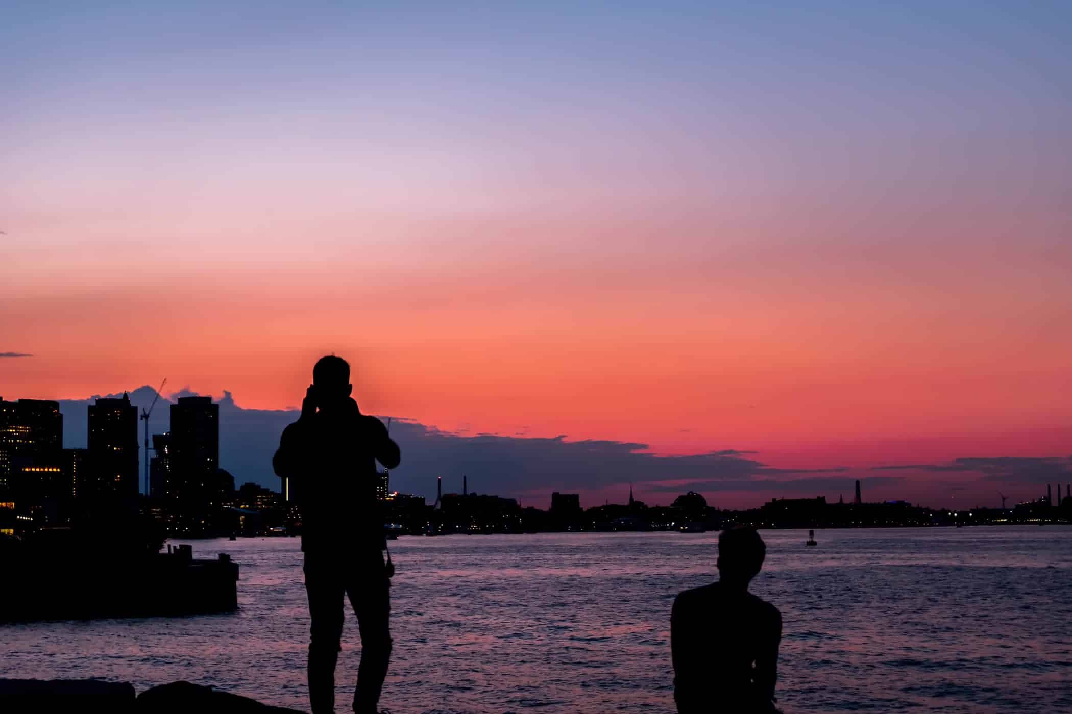 Sunset at Boston seaport with Kabir and Gabe